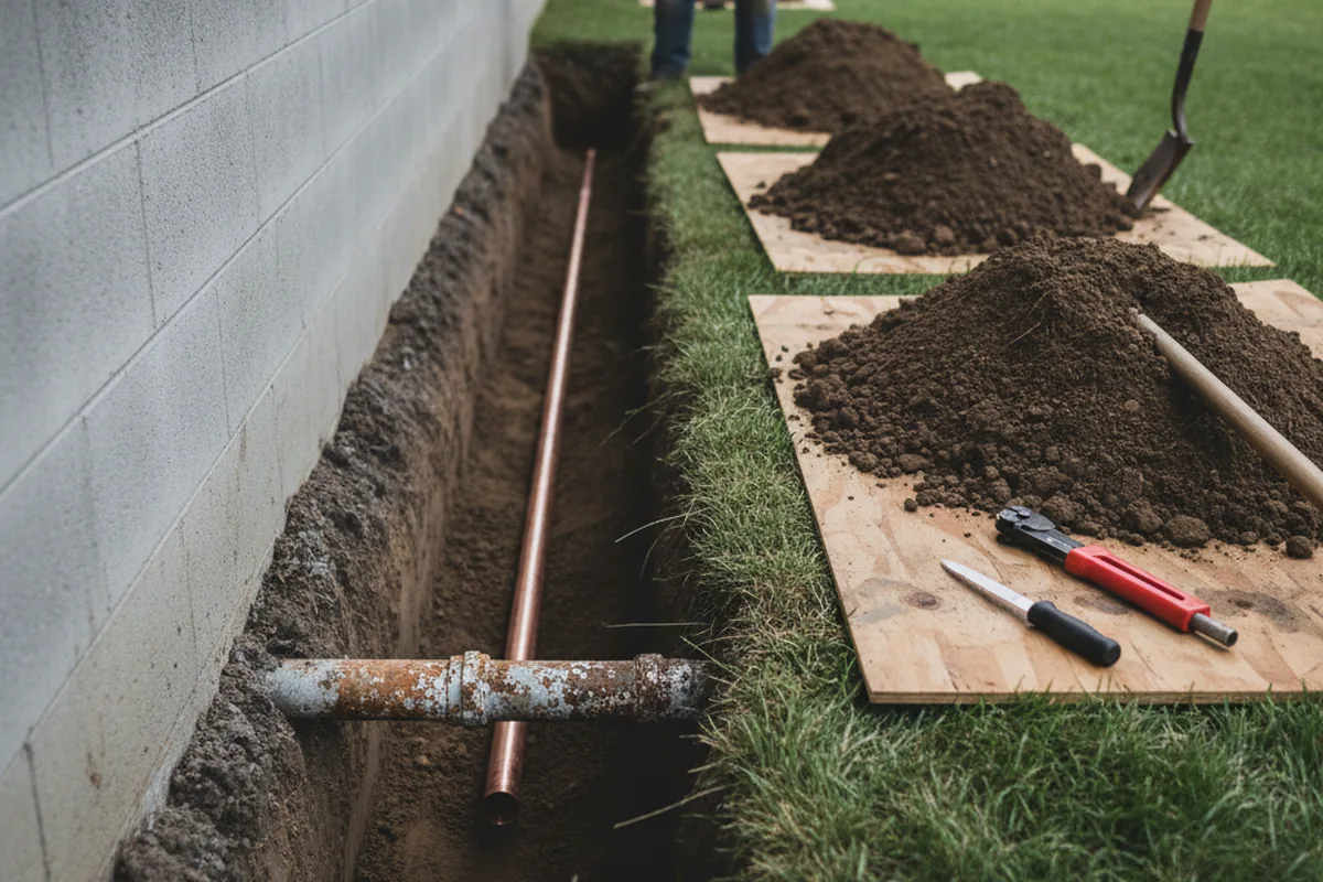 Excavated water line trench during Water Softener Installation in Blue Mountain